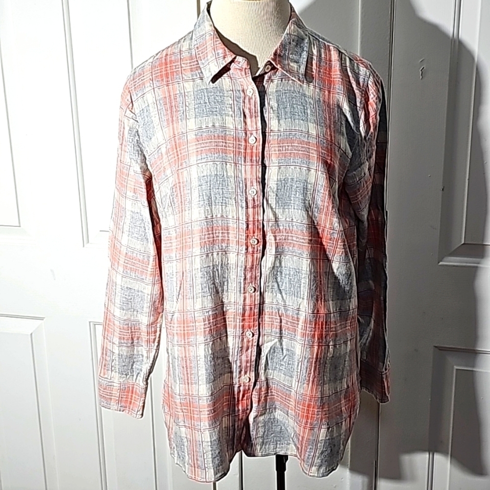 TALBOTS, large lightweight flannel shirt. Peach, gray with siver thread, Plaid.
